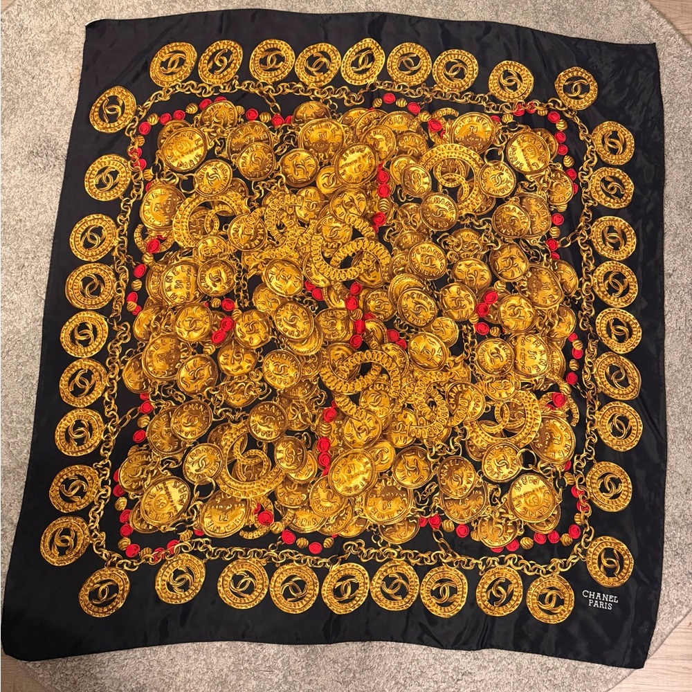 Authentic CHANEL Black and Gold Silk Scarf